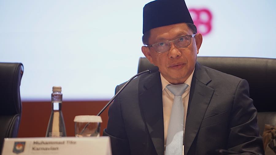 Mendagri Tito Karnavian saat konfrensi pers Nota Keuangan dan RAPBN 2027 di Jakarta, Jumat (14/8/2026). (Bloomberg Technoz/Andrean K)