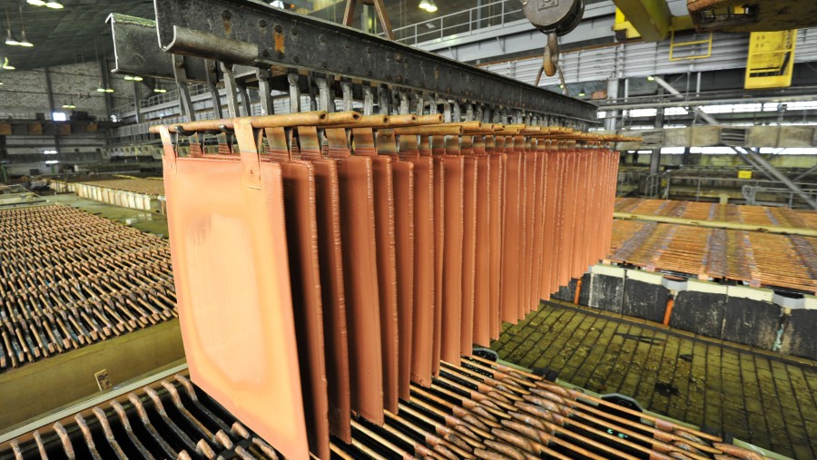 Lembaran katoda tembaga murni dikeluarkan dari tangki di instalasi pemurnian elektrolitik./Bloomberg-Oliver Bunic