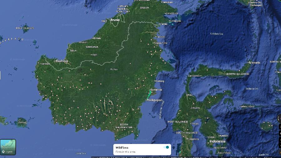 Penampakan titik-titik api yang diduga efek kebakaran. dok: rekaman satelit Google