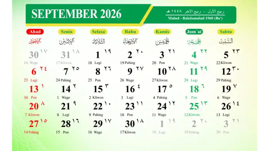 Kalender Jawa September 2026 (Dok. Ist)