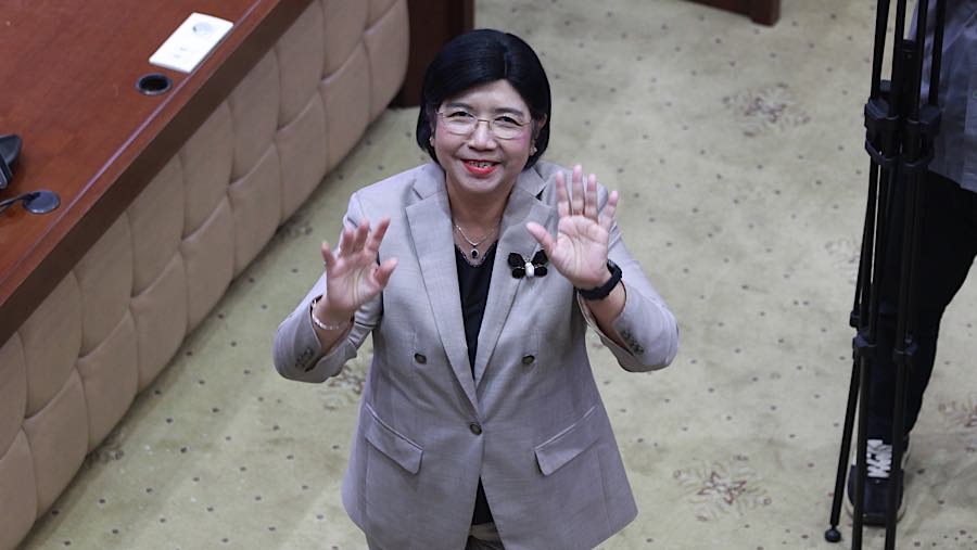Calon Gubernur BI Destry Damayanti usai mengikuti uji kelayakan dan kepatutan di DPR, Jakarta, Rabu (26/8/2026) (Bloomberg Technoz/Andrean Kristianto)