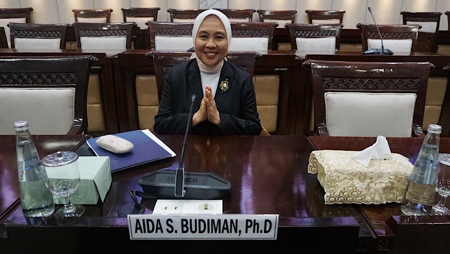 Calon Deputi Gubernur Senior Bank Indonesia Aida S. Budiman bersiap mengikuti fit and proper test di DPR, Rabu (26/8/2026). (Bloomberg Technoz/Andre)

