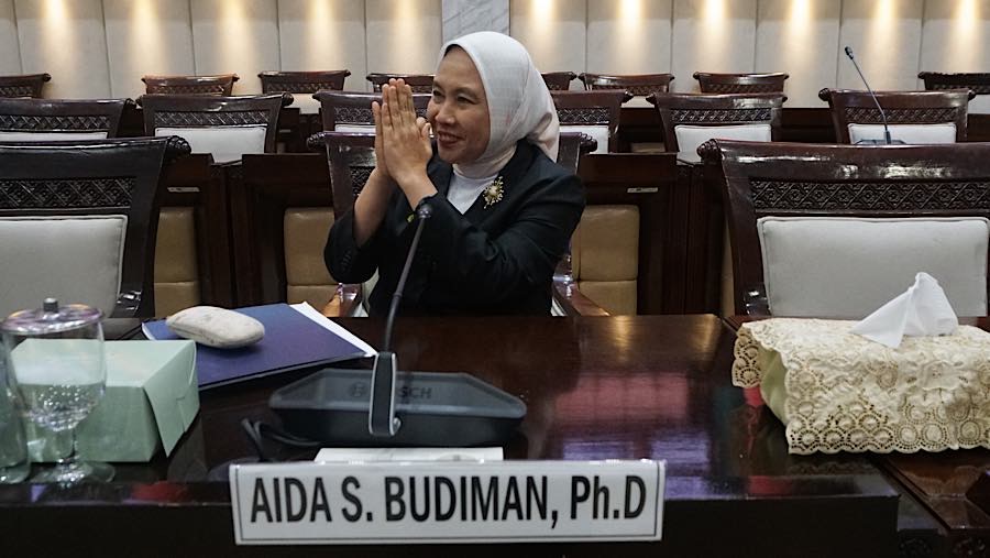 Calon Deputi Gubernur Senior Bank Indonesia Aida S. Budiman bersiap mengikuti fit and proper test di DPR, Rabu (26/8/2026). (Bloomberg Technoz/Andre)