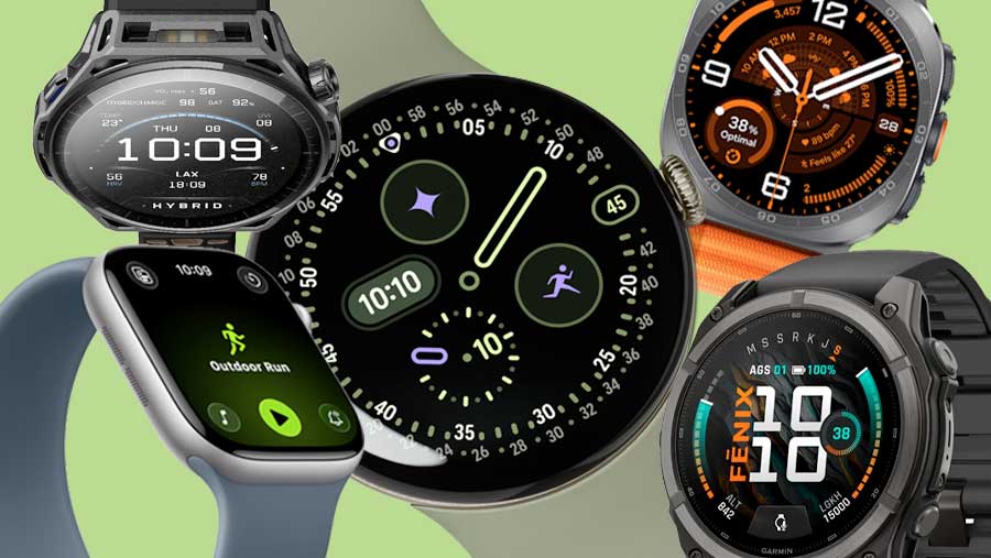 Apple Watch Series 11, Samsung Galaxy Watch Ultra 2, Google Pixel Watch 5, Garmin Fenix 9, Amazfit Balance 3 (Diolah)