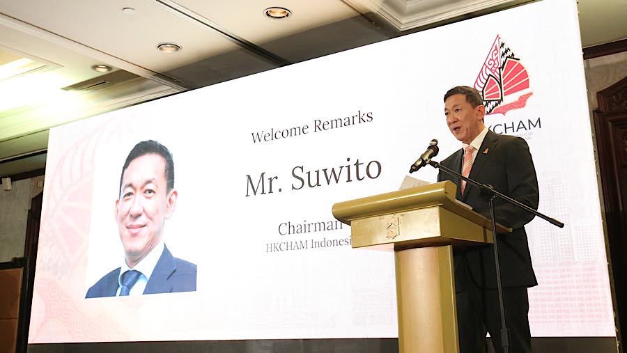 Chairman HKCHAM Indonesia Suwito berbicara saat Inaugurasi HKCHAM di Jakarta, Kamis (17/9/2026). (Bloomberg Technoz/Andrean Kristianto)