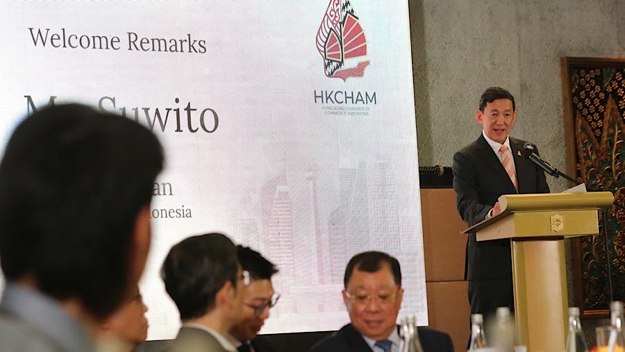 Chairman HKCHAM Indonesia Suwito berbicara saat Inaugurasi HKCHAM di Jakarta, Kamis (17/9/2026). (Bloomberg Technoz/Andrean Kristianto)