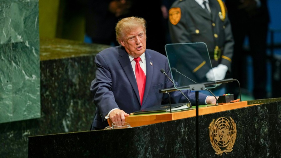Presiden AS Donald Trump berbicara dalam Sidang Majelis Umum PBB di New York pada 22 September. (Fotografer: Angelina Katsanis/Bloomberg)