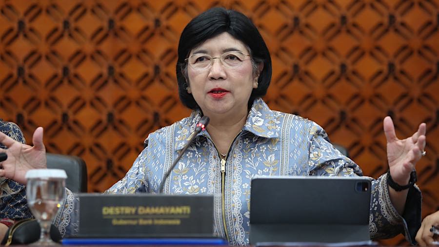 Gubernur Bank Indonesia Destry Damayanti saat konferensi pers RDG di Gedung Bank Indonesia, Rabu (23/9/2026). (Bloomberg Technoz/Andrean Kristianto)