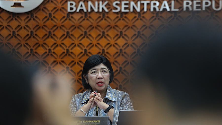 Gubernur Bank Indonesia Destry Damayanti saat konferensi pers RDG di Gedung Bank Indonesia, Rabu (23/9/2026). (Bloomberg Technoz/Andrean Kristianto)
