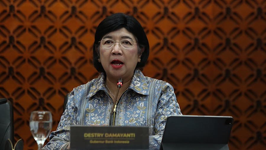Gubernur Bank Indonesia Destry Damayanti saat konferensi pers RDG di Gedung Bank Indonesia, Rabu (23/9/2026). (Bloomberg Technoz/Andrean Kristianto)
