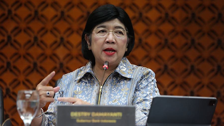 Gubernur Bank Indonesia Destry Damayanti saat konferensi pers RDG di Gedung Bank Indonesia, Rabu (23/9/2026). (Bloomberg Technoz/Andrean Kristianto)