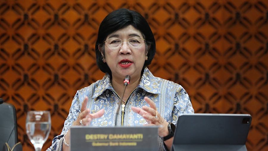 Gubernur Bank Indonesia Destry Damayanti saat konferensi pers RDG di Gedung Bank Indonesia, Rabu (23/9/2026). (Bloomberg Technoz/Andrean Kristianto)