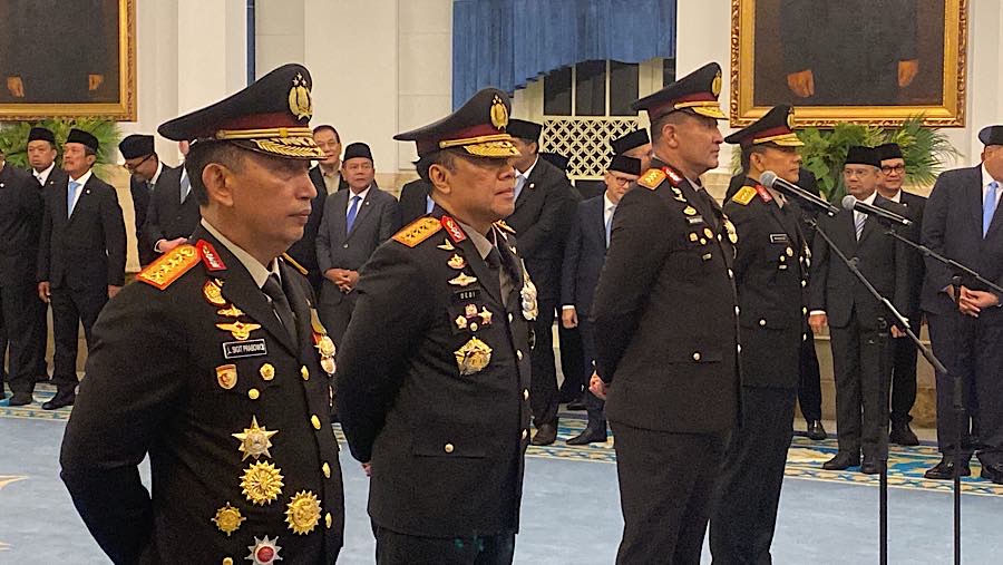 Penganugerahan tanda kerhormatan dan pelantikan Kapolri dan Wakapolri di Istana Negara, Kamis (1/10/2026). (Bloomberg Technoz/Dovana Hasiana)