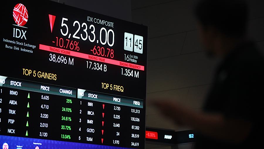 Karyawan di depan layar pergerakan harga saham (IHSG) di Bursa Efek Indonesia (BEI), Jumat (16/10/2026). (Bloomberg Technoz/Andrean Kristianto)