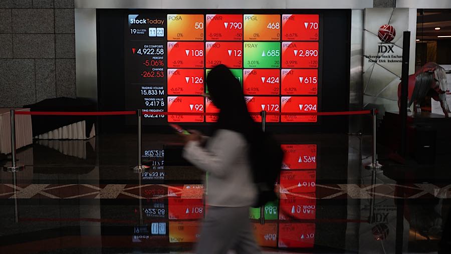 Karyawan di depan layar pergerakan harga saham (IHSG) di Bursa Efek Indonesia (BEI), Senin (19/10/2026). (Bloomberg Technoz/Andrean Kristianto)