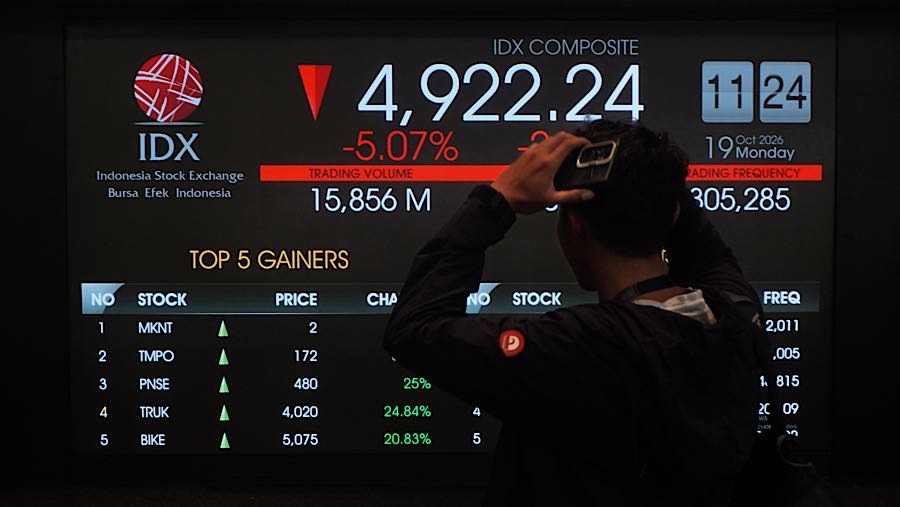 Karyawan di depan layar pergerakan harga saham (IHSG) di Bursa Efek Indonesia (BEI), Senin (19/10/2026). (Bloomberg Technoz/Andrean Kristianto)